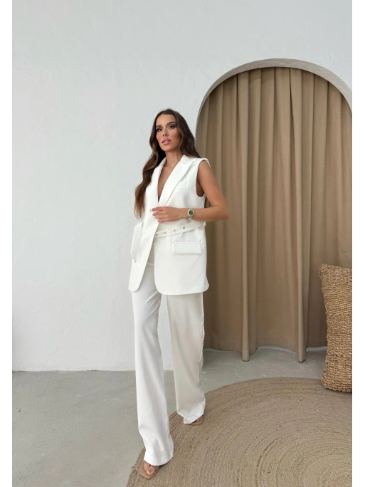 BELİ KEMERLİ YELEK VE PANTOLONLU İKİLİ TAKIM BEYAZ