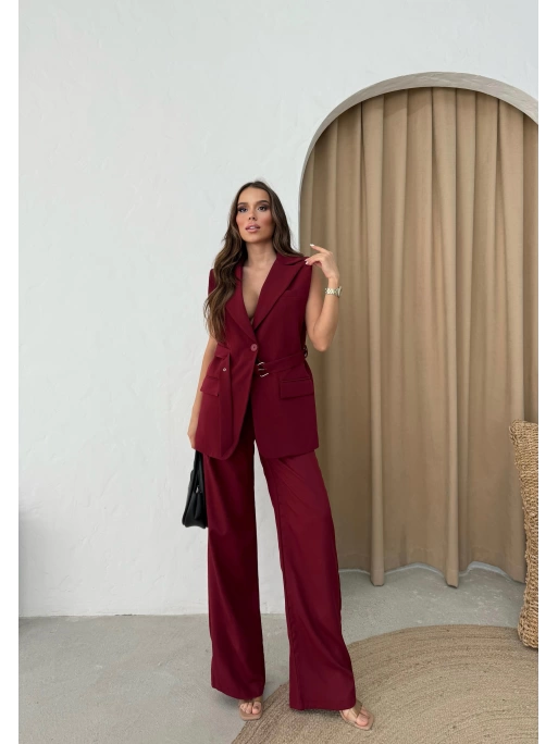 BELİ KEMERLİ YELEK VE PANTOLONLU İKİLİ TAKIM BORDO