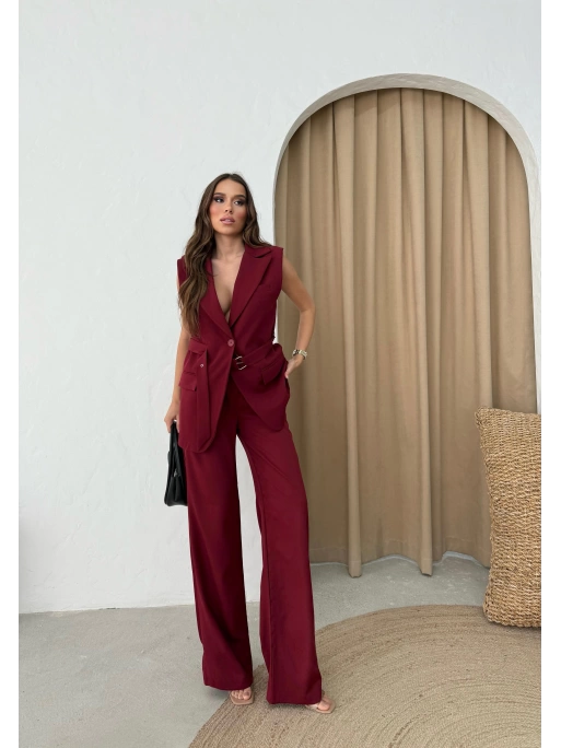 BELİ KEMERLİ YELEK VE PANTOLONLU İKİLİ TAKIM BORDO