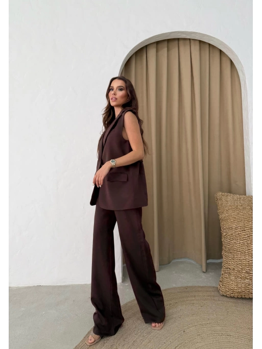 BELİ KEMERLİ YELEK VE PANTOLONLU İKİLİ TAKIM KAHVE
