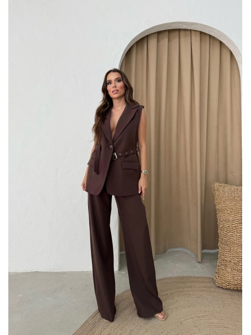 BELİ KEMERLİ YELEK VE PANTOLONLU İKİLİ TAKIM KAHVE