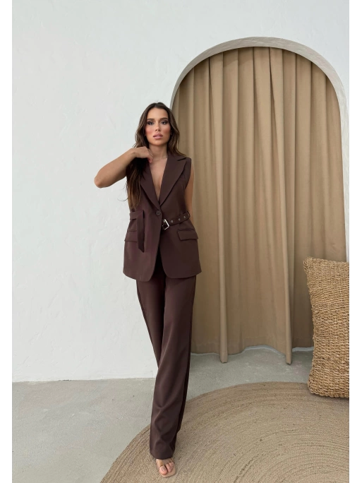 BELİ KEMERLİ YELEK VE PANTOLONLU İKİLİ TAKIM KAHVE