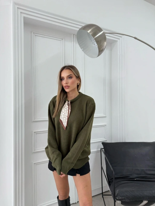 BİSİKLET YAKA FULARLI OVERSİZE TRİKO KAZAK HAKİ