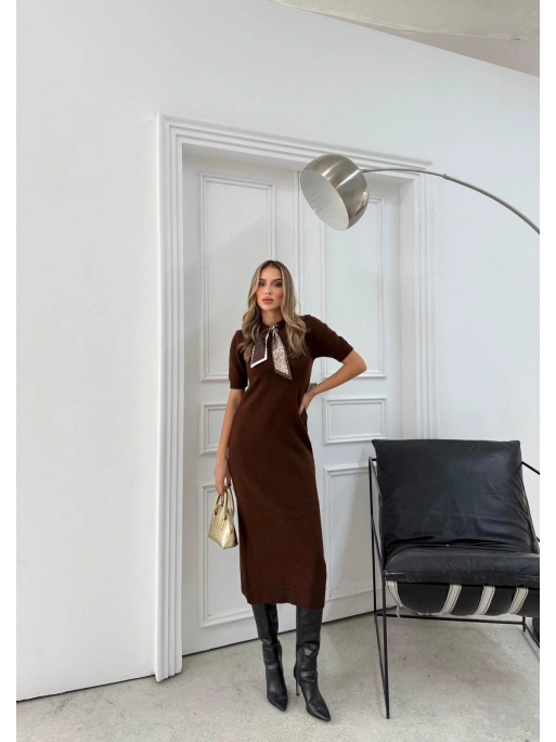 BİSİKLET YAKA FULARLI UZUN TRİKO KALEM ELBİSE KAHVE