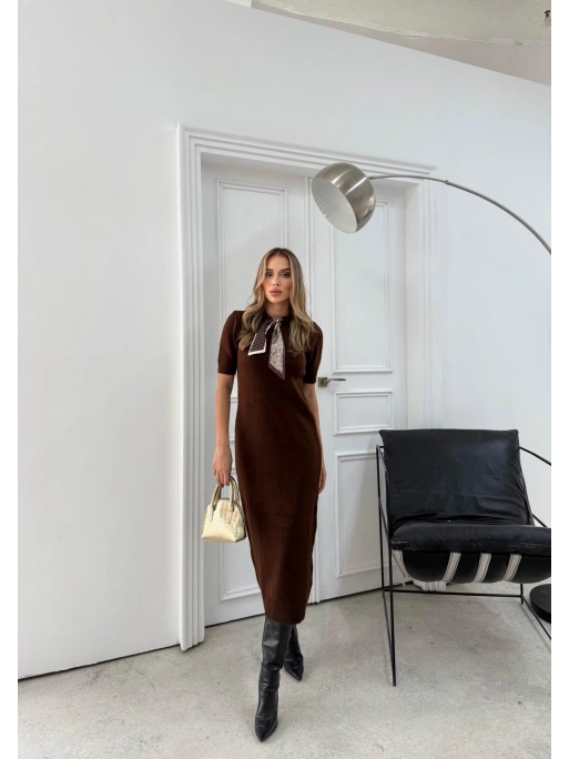 BİSİKLET YAKA FULARLI UZUN TRİKO KALEM ELBİSE KAHVE