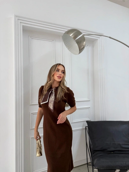 BİSİKLET YAKA FULARLI UZUN TRİKO KALEM ELBİSE KAHVE