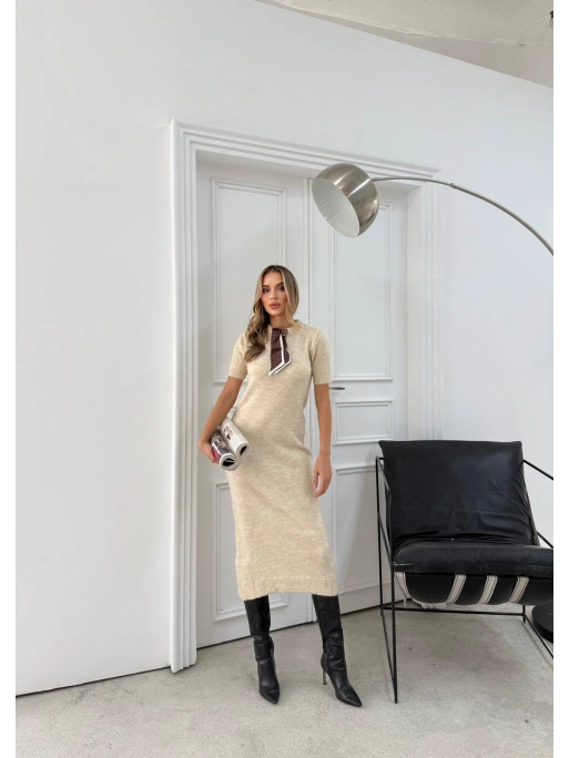 BİSİKLET YAKA FULARLI UZUN TRİKO KALEM ELBİSE KAHVE