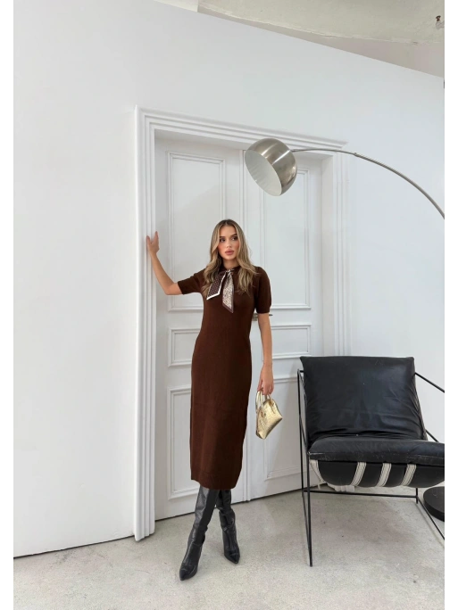 BİSİKLET YAKA FULARLI UZUN TRİKO KALEM ELBİSE KAHVE