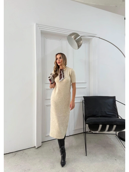 BİSİKLET YAKA FULARLI UZUN TRİKO KALEM ELBİSE KREM