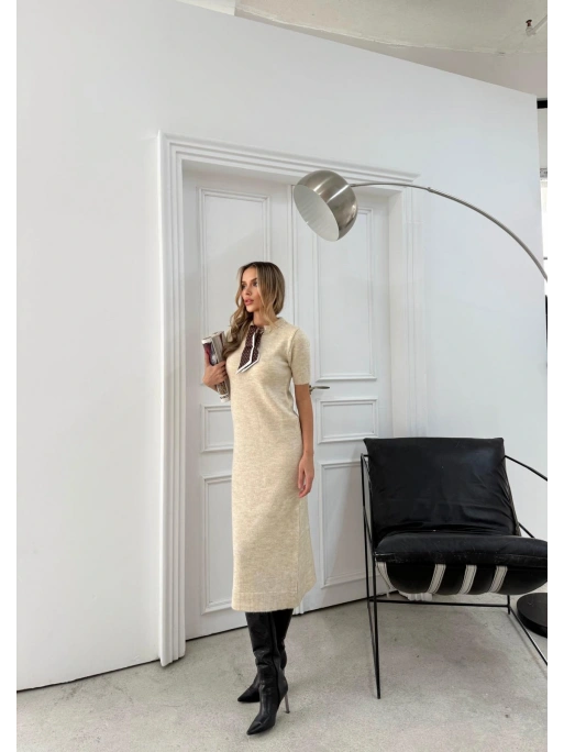 BİSİKLET YAKA FULARLI UZUN TRİKO KALEM ELBİSE KREM