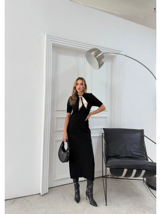 BİSİKLET YAKA FULARLI UZUN TRİKO KALEM ELBİSE SİYAH