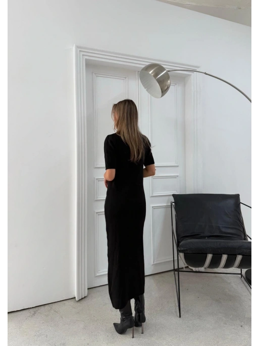 BİSİKLET YAKA FULARLI UZUN TRİKO KALEM ELBİSE SİYAH