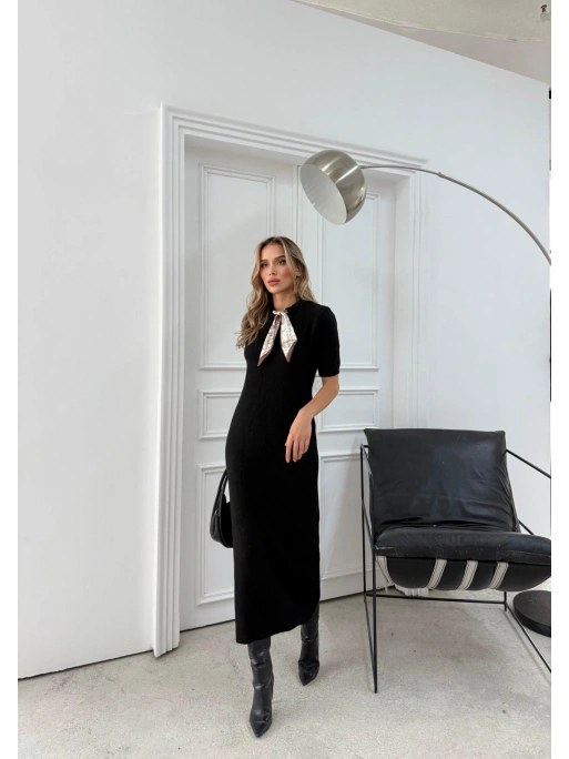 BİSİKLET YAKA FULARLI UZUN TRİKO KALEM ELBİSE SİYAH