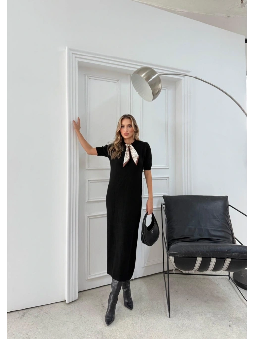 BİSİKLET YAKA FULARLI UZUN TRİKO KALEM ELBİSE SİYAH