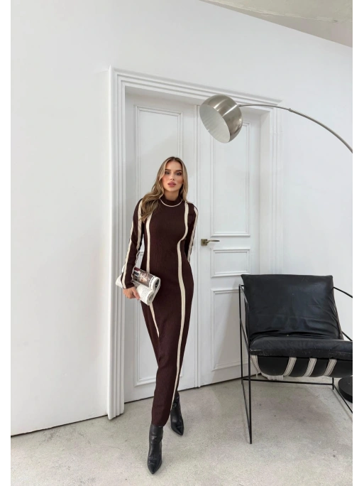 BİSİKLET YAKA GARNELİ UZUN KALEM TRİKO ELBİSE KAHVE