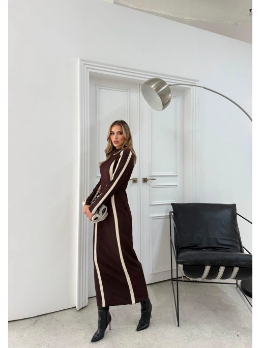 BİSİKLET YAKA GARNELİ UZUN KALEM TRİKO ELBİSE KAHVE