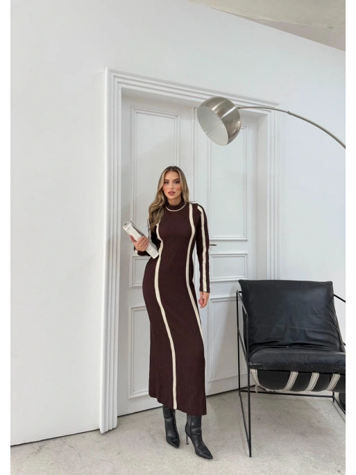 BİSİKLET YAKA GARNELİ UZUN KALEM TRİKO ELBİSE KAHVE