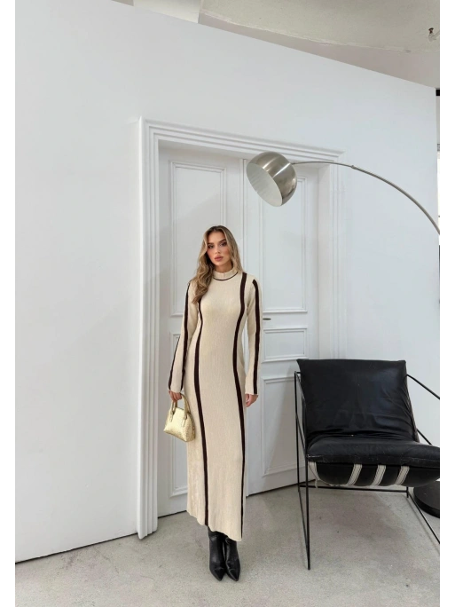 BİSİKLET YAKA GARNELİ UZUN KALEM TRİKO ELBİSE KREM