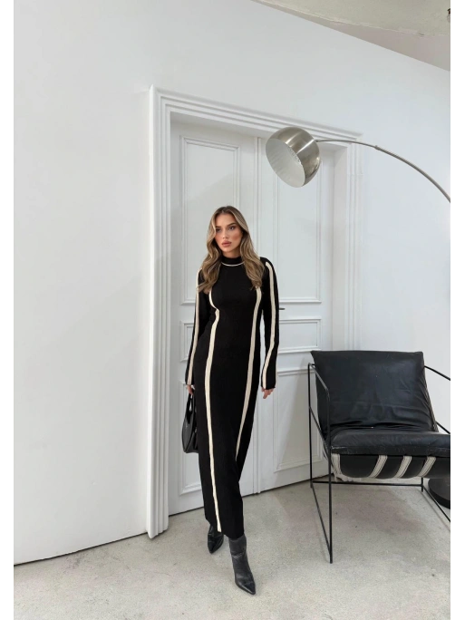 BİSİKLET YAKA GARNELİ UZUN KALEM TRİKO ELBİSE SİYAH