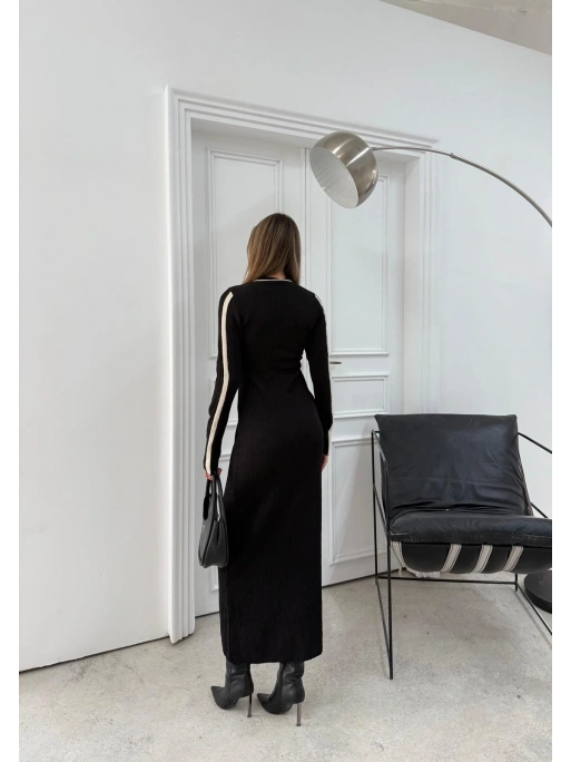 BİSİKLET YAKA GARNELİ UZUN KALEM TRİKO ELBİSE SİYAH