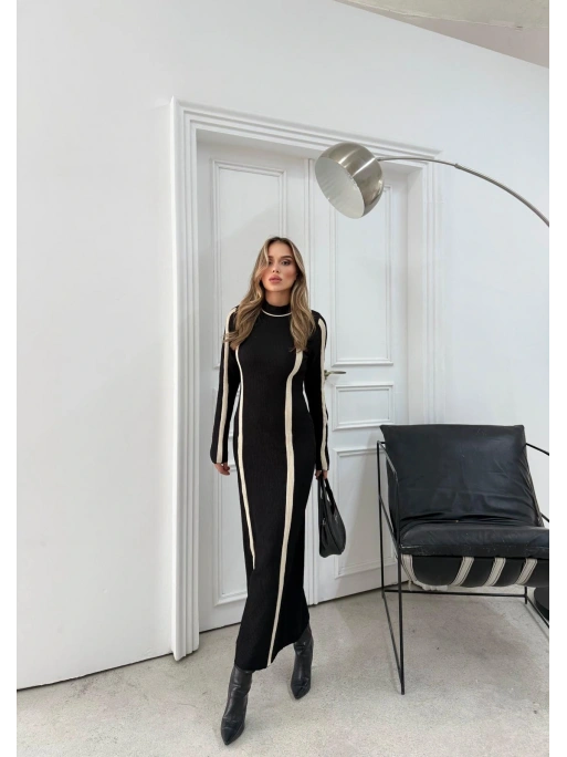 BİSİKLET YAKA GARNELİ UZUN KALEM TRİKO ELBİSE SİYAH