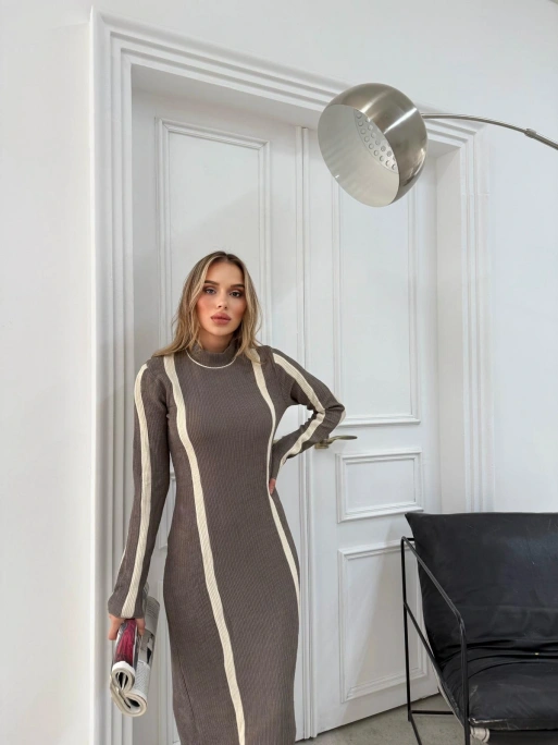 BİSİKLET YAKA GARNELİ UZUN KALEM TRİKO ELBİSE VİZON