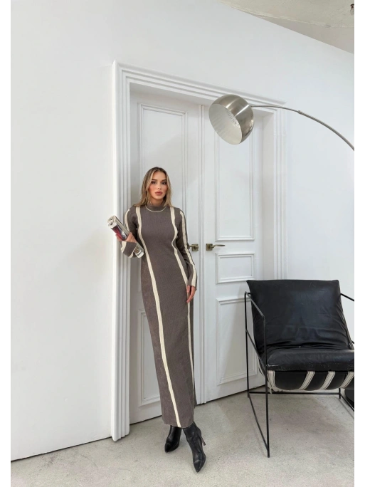 BİSİKLET YAKA GARNELİ UZUN KALEM TRİKO ELBİSE VİZON