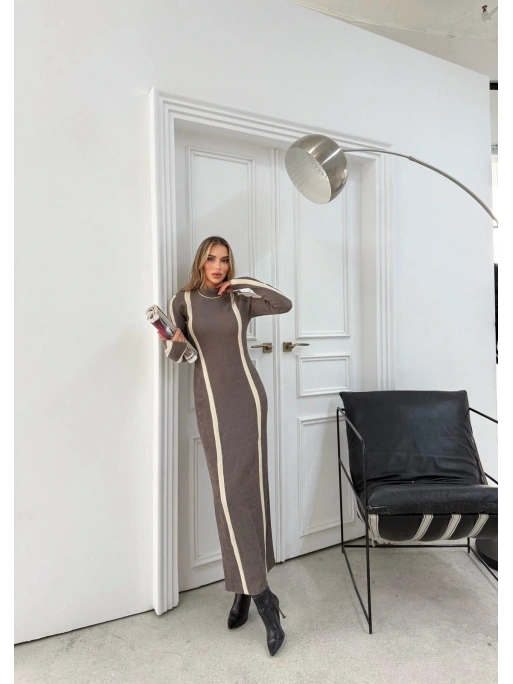 BİSİKLET YAKA GARNELİ UZUN KALEM TRİKO ELBİSE VİZON