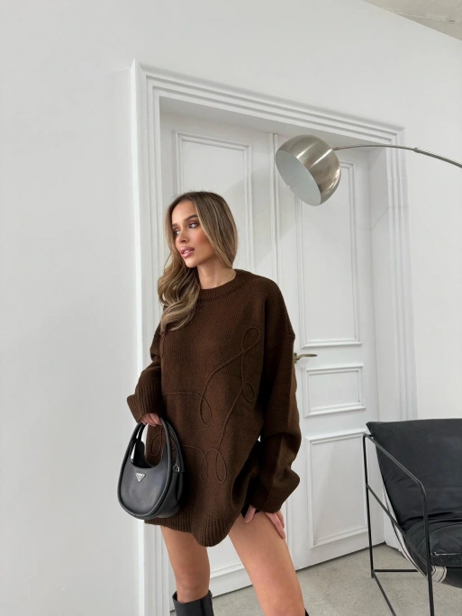 BİSİKLET YAKA NAKIŞ DETAY OVERSİZE KAZAK ACI KAHVE