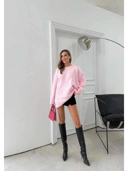 BİSİKLET YAKA NAKIŞ DETAY OVERSİZE KAZAK PEMBE