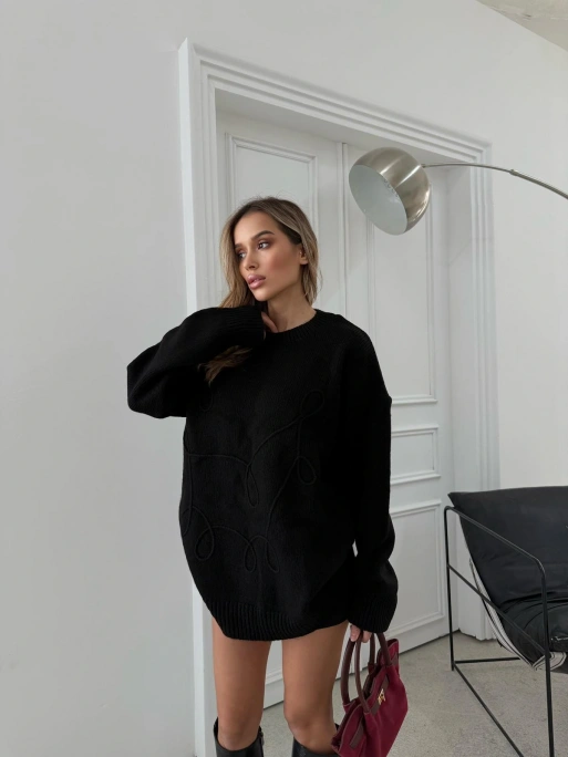 BİSİKLET YAKA NAKIŞ DETAY OVERSİZE KAZAK SİYAH