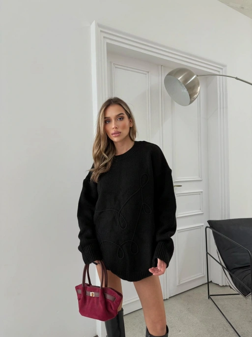 BİSİKLET YAKA NAKIŞ DETAY OVERSİZE KAZAK SİYAH