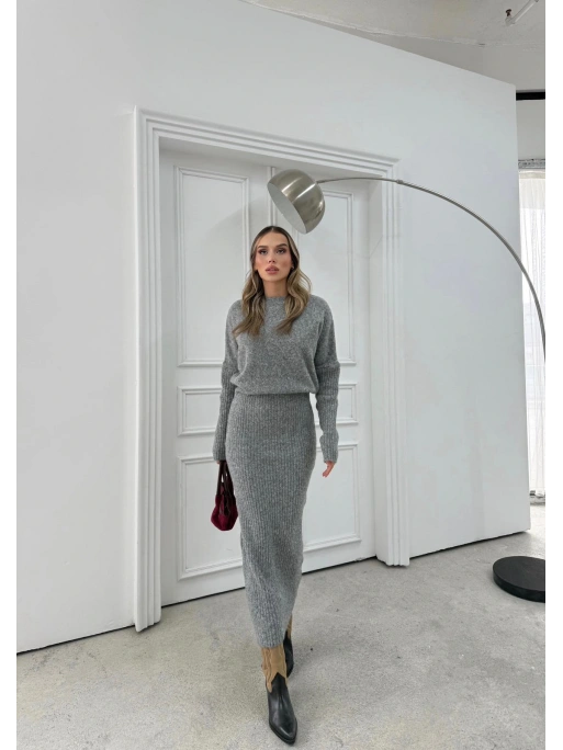 BİSİKLET YAKA YUMOŞ DOKULU BEL KATLAMA DETAY UZUN TRİKO ELBİSE ANTRASİT