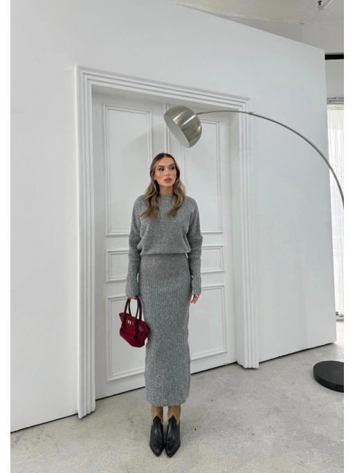 BİSİKLET YAKA YUMOŞ DOKULU BEL KATLAMA DETAY UZUN TRİKO ELBİSE ANTRASİT