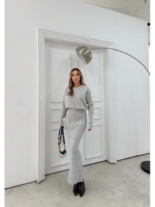 BİSİKLET YAKA YUMOŞ DOKULU BEL KATLAMA DETAY UZUN TRİKO ELBİSE GRİ