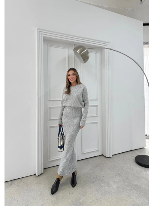 BİSİKLET YAKA YUMOŞ DOKULU BEL KATLAMA DETAY UZUN TRİKO ELBİSE GRİ