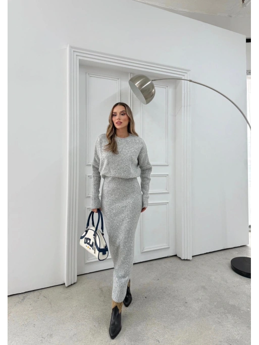 BİSİKLET YAKA YUMOŞ DOKULU BEL KATLAMA DETAY UZUN TRİKO ELBİSE GRİ