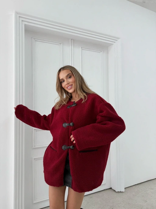 BİYELİ DÜĞME DETAY İÇ ASTARLI TEDDY KABAN BORDO