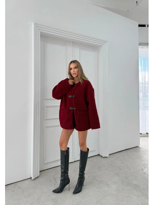 BİYELİ DÜĞME DETAY İÇ ASTARLI TEDDY KABAN BORDO