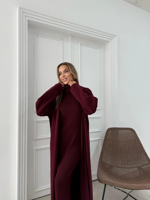BOĞAZLI SIFIR KOL UZUN ELBİSE VE YELEKLİ İKİLİ TRİKO TAKIM BORDO