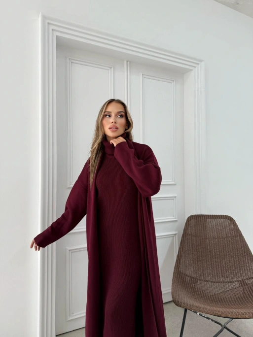BOĞAZLI SIFIR KOL UZUN ELBİSE VE YELEKLİ İKİLİ TRİKO TAKIM BORDO