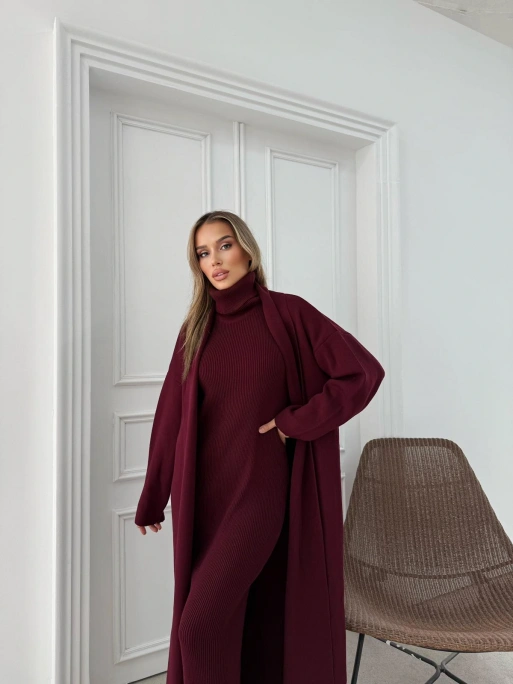 BOĞAZLI SIFIR KOL UZUN ELBİSE VE YELEKLİ İKİLİ TRİKO TAKIM BORDO