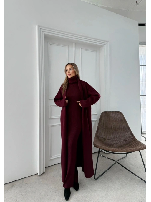 BOĞAZLI SIFIR KOL UZUN ELBİSE VE YELEKLİ İKİLİ TRİKO TAKIM BORDO