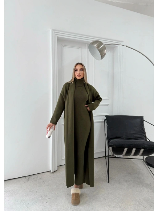 BOĞAZLI SIFIR KOL UZUN ELBİSE VE YELEKLİ İKİLİ TRİKO TAKIM HAKİ