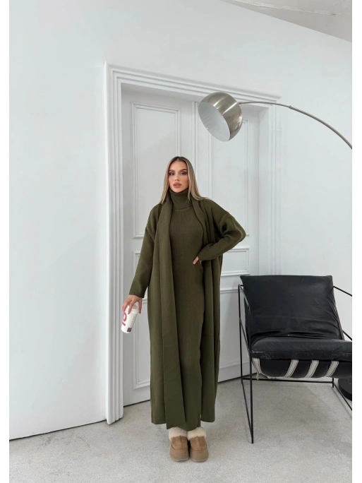 BOĞAZLI SIFIR KOL UZUN ELBİSE VE YELEKLİ İKİLİ TRİKO TAKIM HAKİ