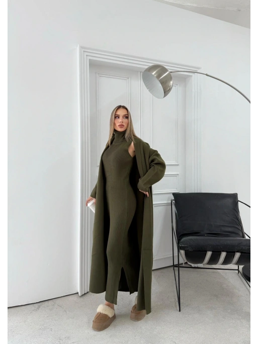 BOĞAZLI SIFIR KOL UZUN ELBİSE VE YELEKLİ İKİLİ TRİKO TAKIM HAKİ