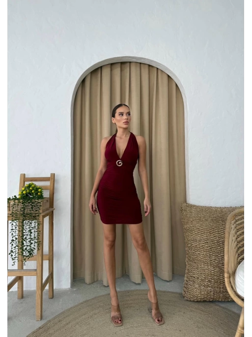 BOYUN BAGLAMA AKSESUAR DETAY DRAPELİ SANDY ELBİSE BORDO 1299