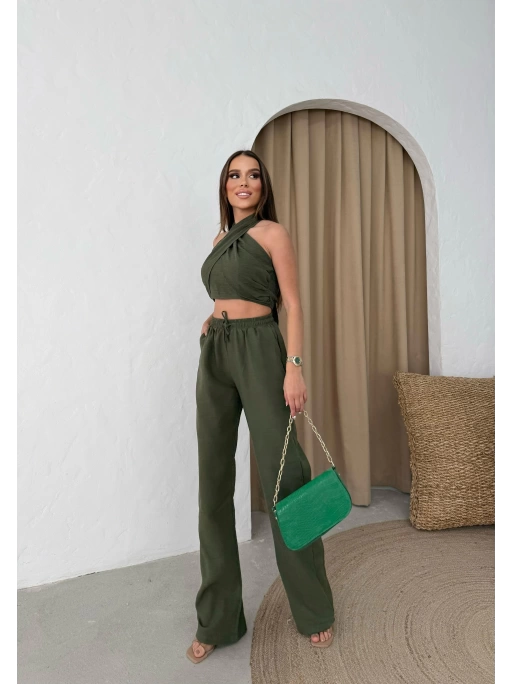 BOYUNDAN BAĞLAMALI BLUZ VE PANTOLONLU KETEN İKİLİ TAKIM HAKİ