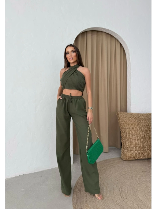 BOYUNDAN BAĞLAMALI BLUZ VE PANTOLONLU KETEN İKİLİ TAKIM HAKİ