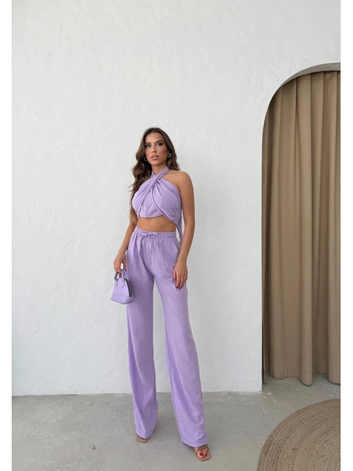 BOYUNDAN BAĞLAMALI BLUZ VE PANTOLONLU KETEN İKİLİ TAKIM LİLA